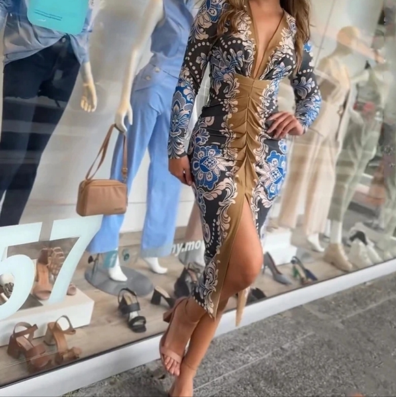 Deep V Draped Slim Office Dress Summer Printed Patchwork Long Sleeved PartyDress - Picture 6 of 7